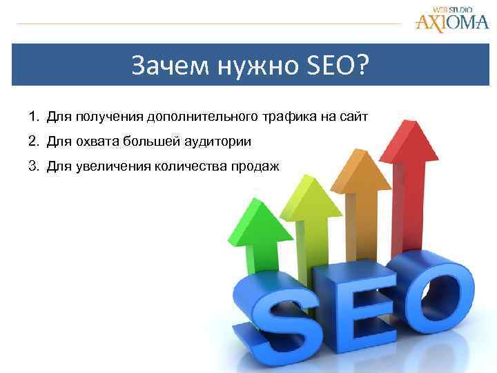 Зачем нужно SEO? 1. Для получения дополнительного трафика на сайт 2. Для охвата большей