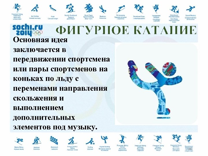 ФИГУРНОЕ КАТАНИЕ Основная идея заключается в передвижении спортсмена или пары спортсменов на коньках по