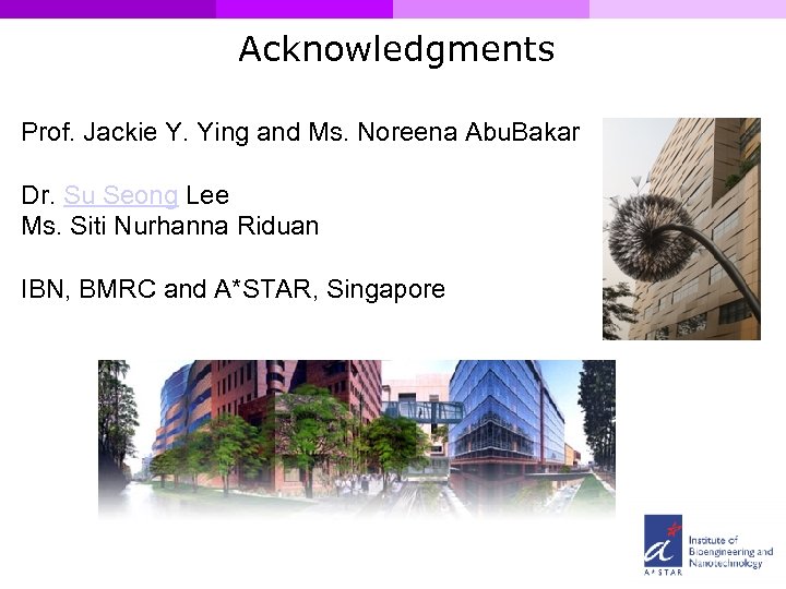 Acknowledgments Prof. Jackie Y. Ying and Ms. Noreena Abu. Bakar Dr. Su Seong Lee