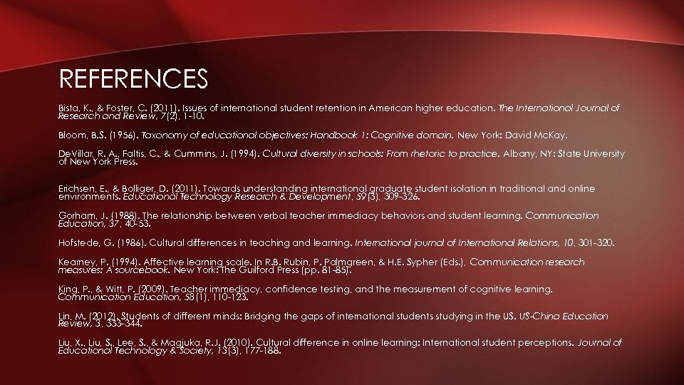 REFERENCES Bista, K. , & Foster, C. (2011). Issues of international student retention in