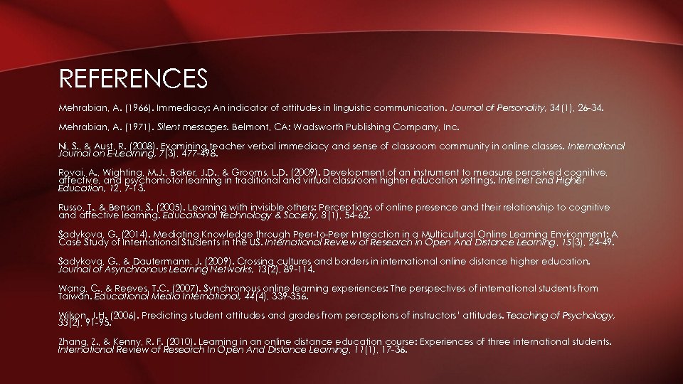 REFERENCES Mehrabian, A. (1966). Immediacy: An indicator of attitudes in linguistic communication. Journal of