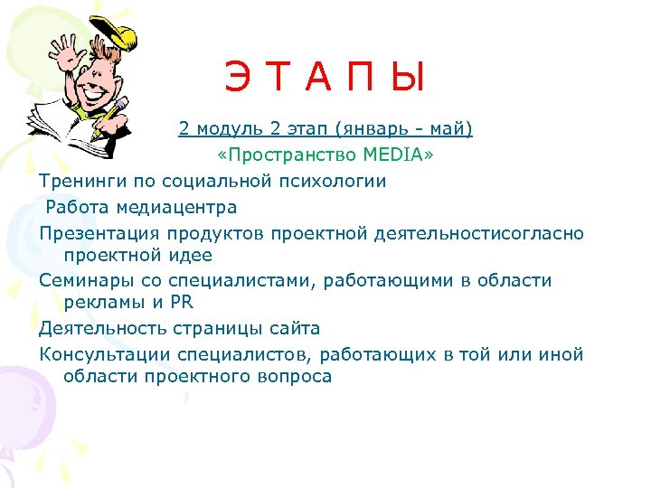 ЭТАПЫ 2 модуль 2 этап (январь - май) «Пространство MEDIA» Тренинги по социальной психологии