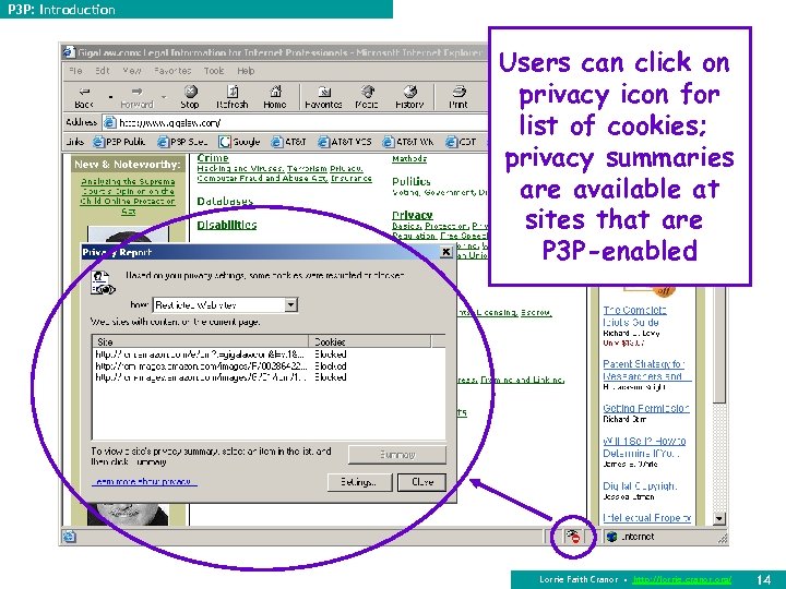 P 3 P: Introduction Users can click on privacy icon for list of cookies;