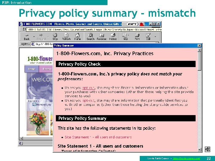 P 3 P: Introduction Privacy policy summary - mismatch Lorrie Faith Cranor • http: