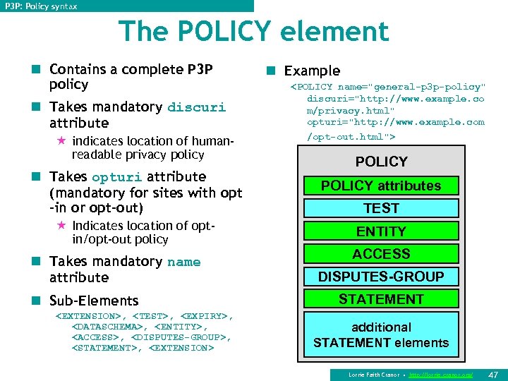 P 3 P: Policy syntax The POLICY element n Contains a complete P 3