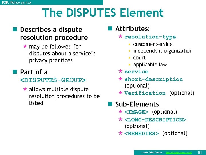 P 3 P: Policy syntax The DISPUTES Element n Describes a dispute resolution procedure
