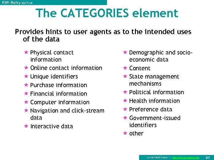 P 3 P: Policy syntax The CATEGORIES element Provides hints to user agents as