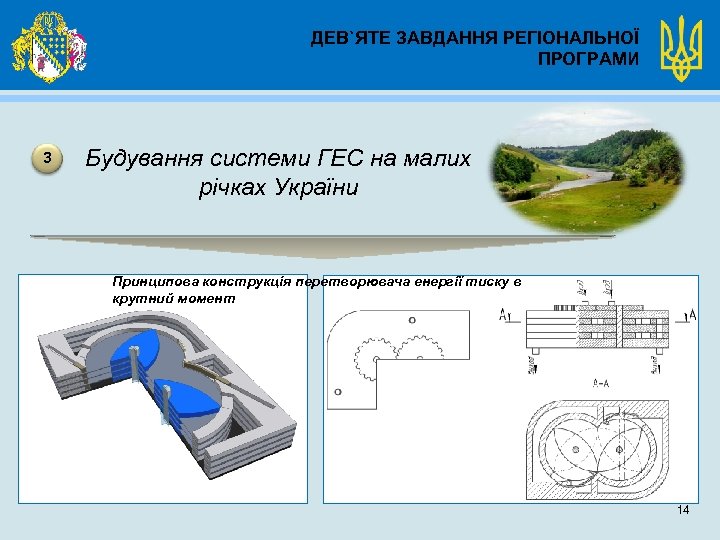 ДЕВ`ЯТЕ ЗАВДАННЯ РЕГІОНАЛЬНОЇ ПРОГРАМИ 3 Будування системи ГЕС на малих річках України Принципова конструкція
