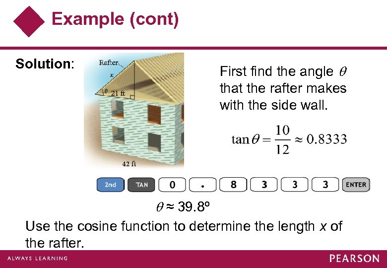 Example (cont) Solution: First find the angle that the rafter makes with the side