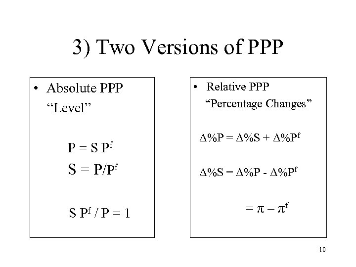 3) Two Versions of PPP • Absolute PPP “Level” P = S Pf S