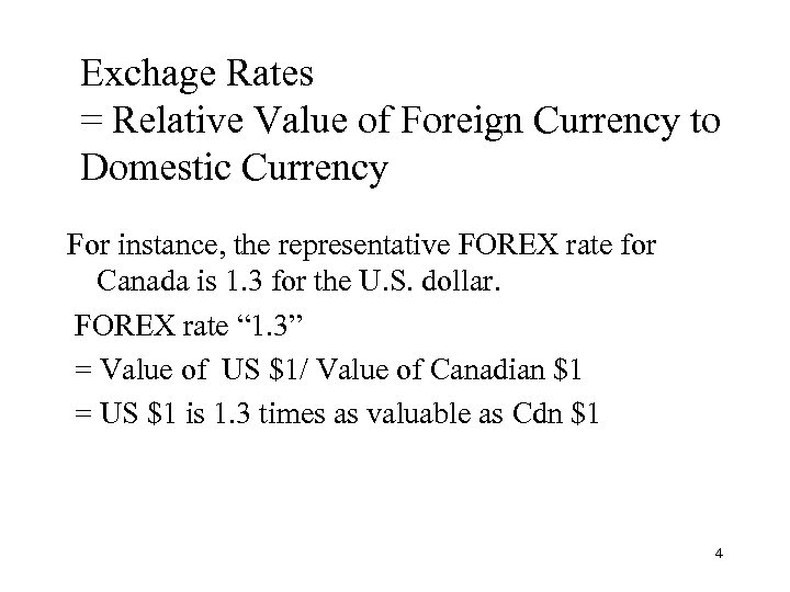 Exchage Rates = Relative Value of Foreign Currency to Domestic Currency For instance, the