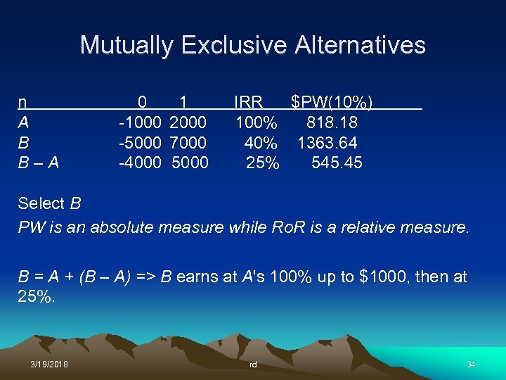 Mutually Exclusive Alternatives n A B B–A 0 -1000 -5000 -4000 1 2000 7000