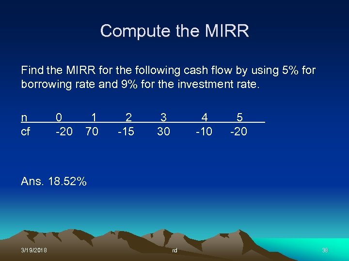 Compute the MIRR Find the MIRR for the following cash flow by using 5%