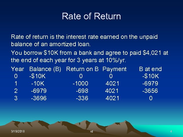 Rate of Return Rate of return is the interest rate earned on the unpaid