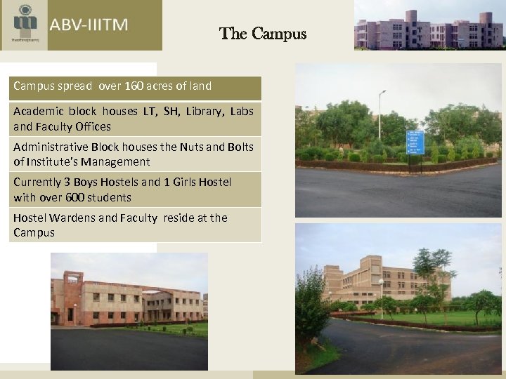 The Campus spread over 160 acres of land Academic block houses LT, SH, Library,