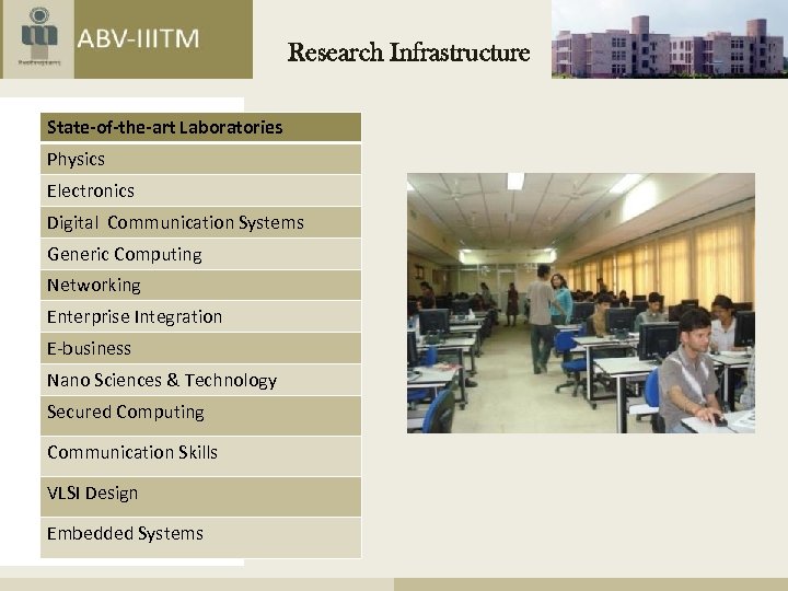 Research Infrastructure State-of-the-art Laboratories Physics Electronics Digital Communication Systems Generic Computing Networking Enterprise Integration