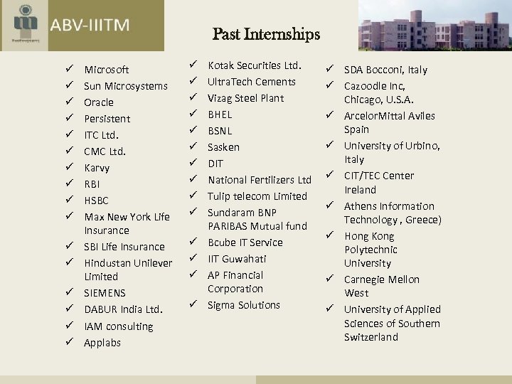 Past Internships ü ü ü ü Microsoft Sun Microsystems Oracle Persistent ITC Ltd. CMC