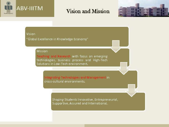 Vision and Mission Vision “Global Excellence in Knowledge Economy” Mission Teaching and Research with