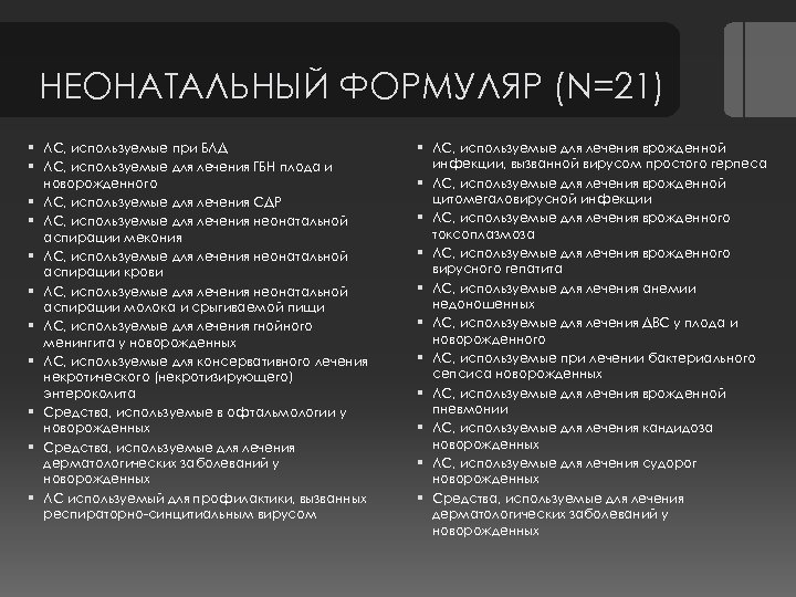 НЕОНАТАЛЬНЫЙ ФОРМУЛЯР (N=21) § ЛС, используемые при БЛД § ЛС, используемые для лечения ГБН