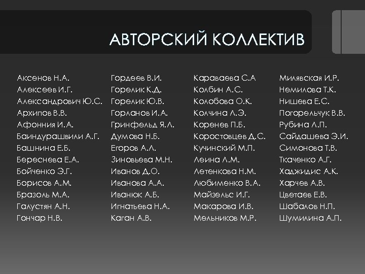 АВТОРСКИЙ КОЛЛЕКТИВ Аксенов Н. А. Алексеев И. Г. Александрович Ю. С. Архипов В. В.