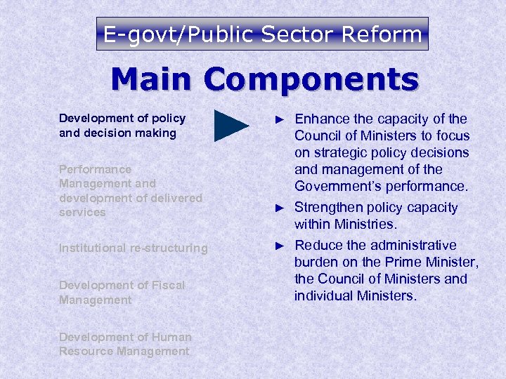 E-govt/Public Sector Reform Main Components Development of policy and decision making Performance Management and