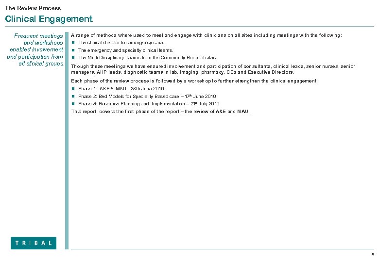 The Review Process Clinical Engagement Frequent meetings and workshops enabled involvement and participation from