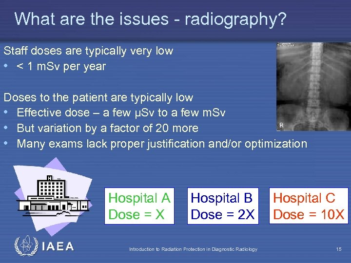 What are the issues - radiography? Staff doses are typically very low • <
