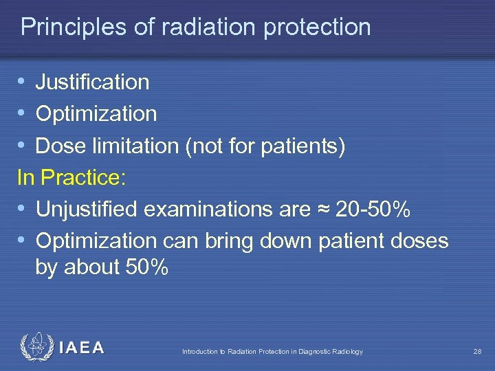 Principles of radiation protection • Justification • Optimization • Dose limitation (not for patients)