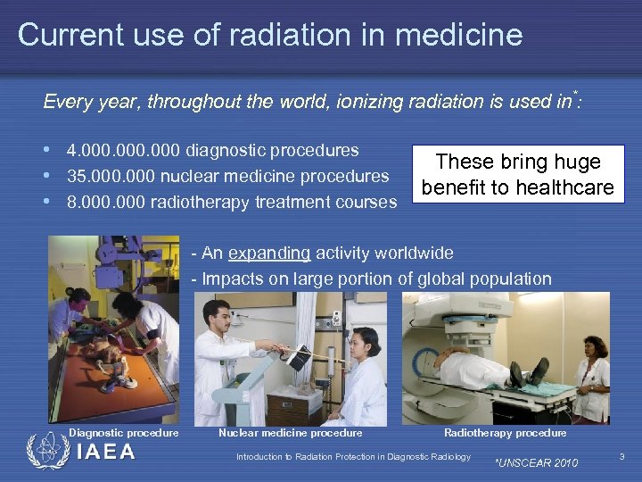 Current use of radiation in medicine Every year, throughout the world, ionizing radiation is