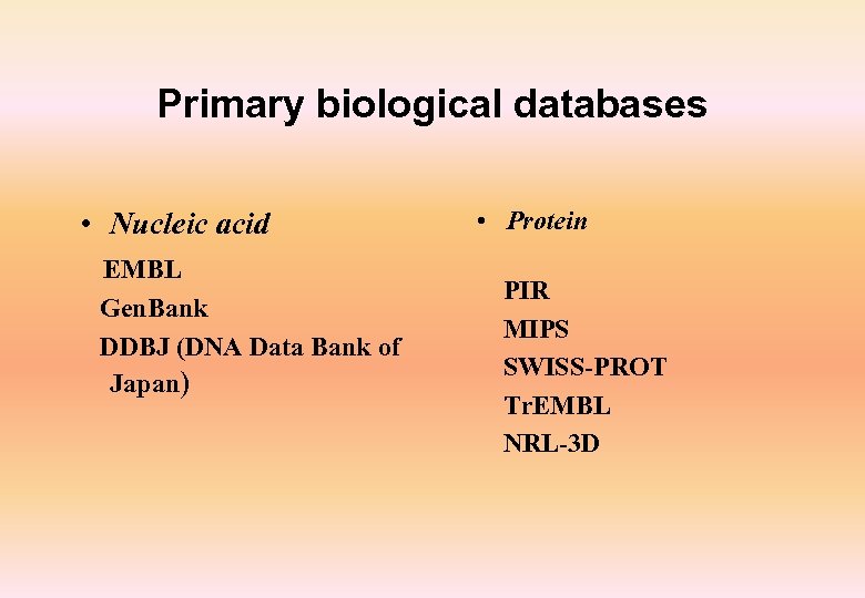 Primary biological databases • Nucleic acid EMBL Gen. Bank DDBJ (DNA Data Bank of
