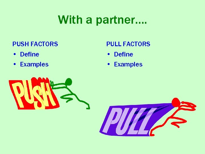 With a partner…. PUSH FACTORS PULL FACTORS • Define • Examples 