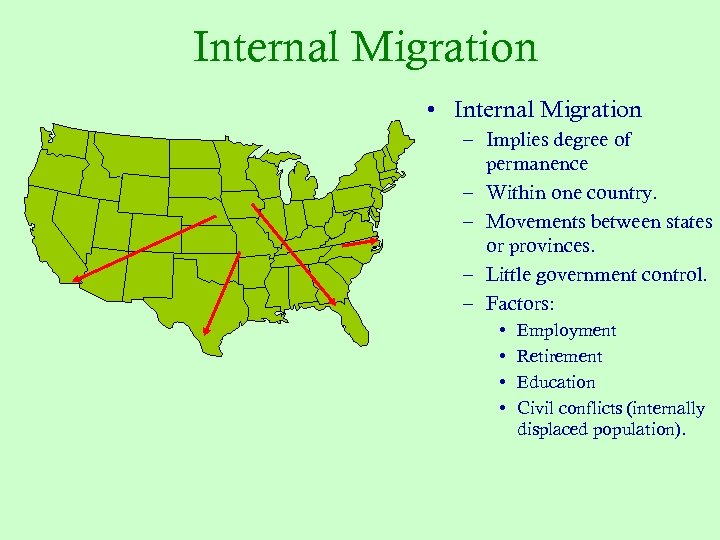 Internal Migration • Internal Migration – Implies degree of permanence – Within one country.