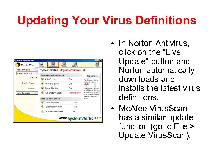 Updating Your Virus Definitions • In Norton Antivirus, click on the “Live Update” button