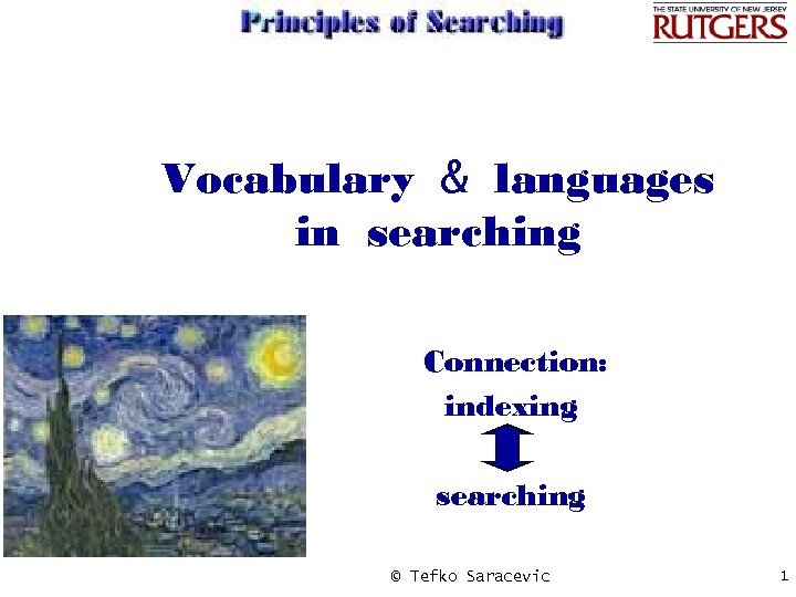 Vocabulary & languages in searching Connection: indexing searching © Tefko Saracevic 1 