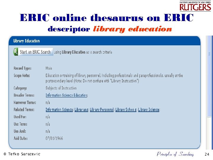 ERIC online thesaurus on ERIC descriptor library education © Tefko Saracevic 24 