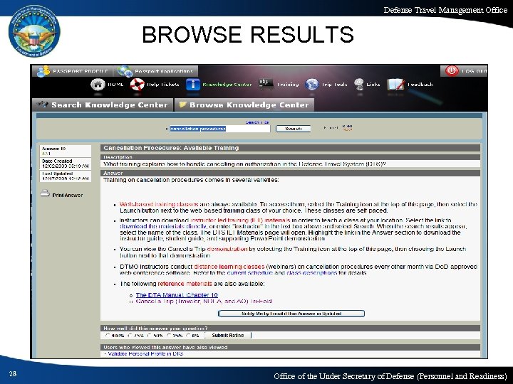 Defense Travel Management Office BROWSE RESULTS 28 Office of the Under Secretary of Defense