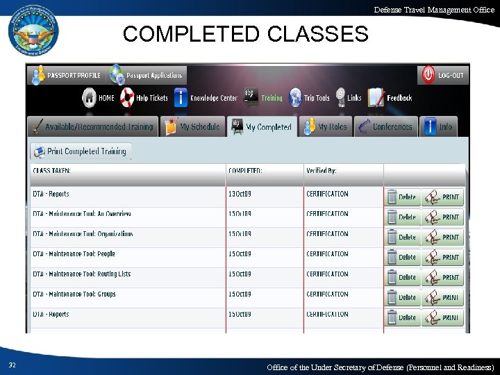 Defense Travel Management Office COMPLETED CLASSES 32 Office of the Under Secretary of Defense