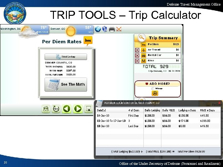 Defense Travel Management Office TRIP TOOLS – Trip Calculator 35 Office of the Under