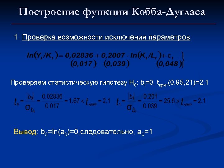 Построение функции Кобба-Дугласа 1. Проверка возможности исключения параметров Проверяем статистическую гипотезу Н 0: bi=0,