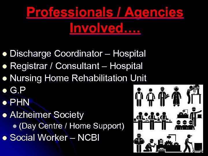 Professionals / Agencies Involved…. Discharge Coordinator – Hospital l Registrar / Consultant – Hospital