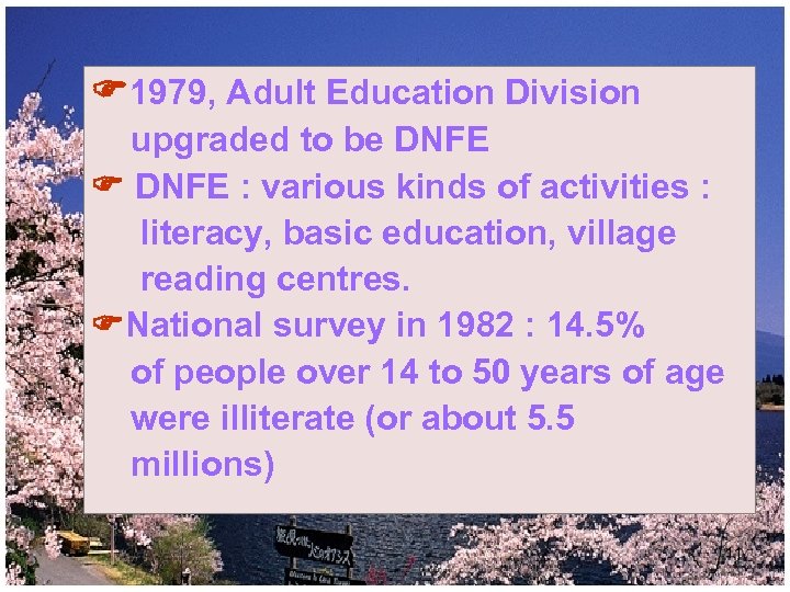 1979, Adult Education Division upgraded to be DNFE : various kinds of activities