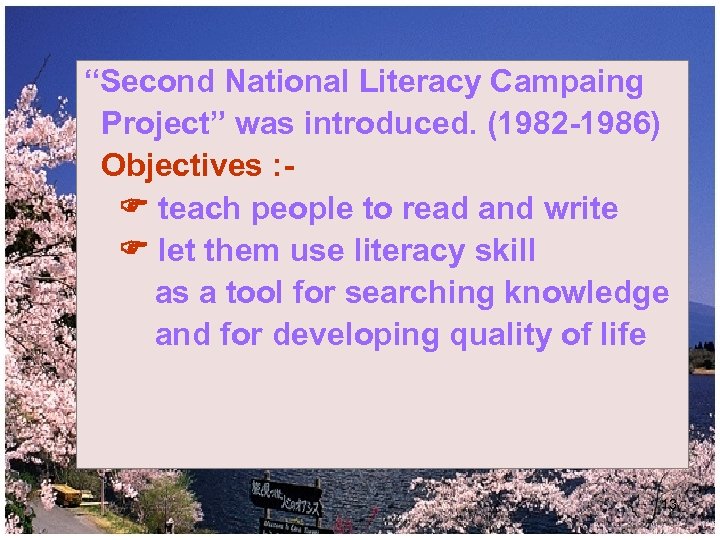 “Second National Literacy Campaing Project” was introduced. (1982 -1986) Objectives : teach people to