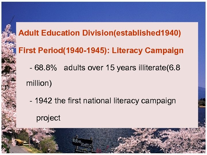 Adult Education Division(established 1940) First Period(1940 -1945): Literacy Campaign - 68. 8% adults over