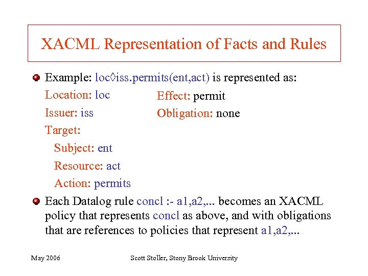 XACML Representation of Facts and Rules Example: loc◊iss. permits(ent, act) is represented as: Location: