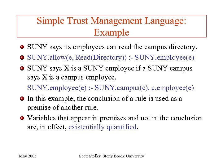 Simple Trust Management Language: Example SUNY says its employees can read the campus directory.
