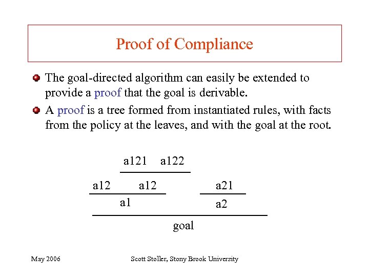 Proof of Compliance The goal-directed algorithm can easily be extended to provide a proof