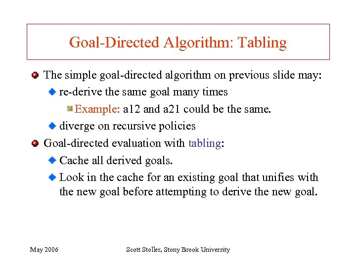 Goal-Directed Algorithm: Tabling The simple goal-directed algorithm on previous slide may: re-derive the same