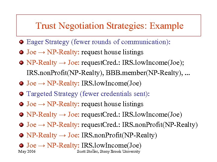 Trust Negotiation Strategies: Example Eager Strategy (fewer rounds of communication): Joe → NP-Realty: request