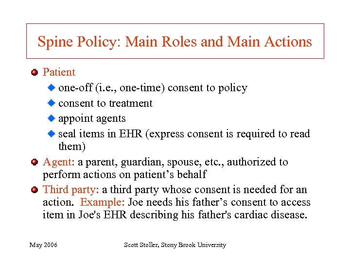 Spine Policy: Main Roles and Main Actions Patient one-off (i. e. , one-time) consent