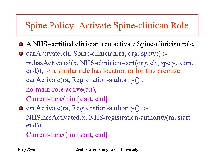Spine Policy: Activate Spine-clinican Role A NHS-certified clinician can activate Spine-clinician role. can. Activate(cli,